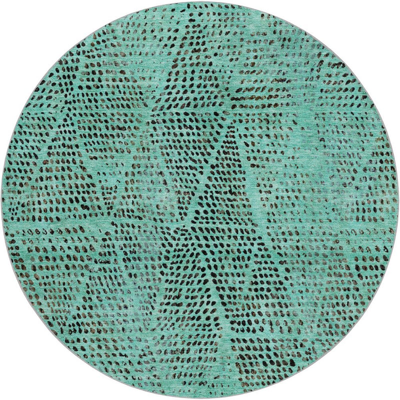 8' Teal And Charcoal Geometric Shag Washable Round Rug With UV Protection