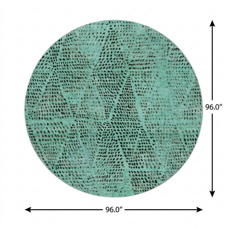 8' Teal And Charcoal Geometric Shag Washable Round Rug With UV Protection