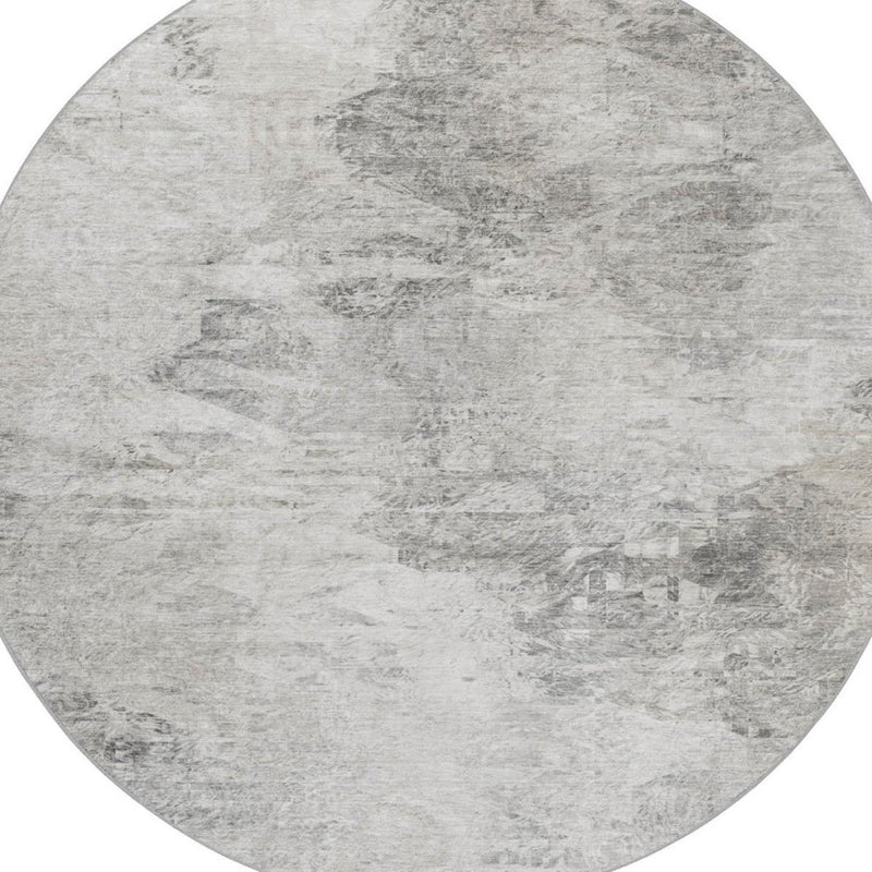 8' Silver And Gray Abstract Shag Washable Round Rug With UV Protection
