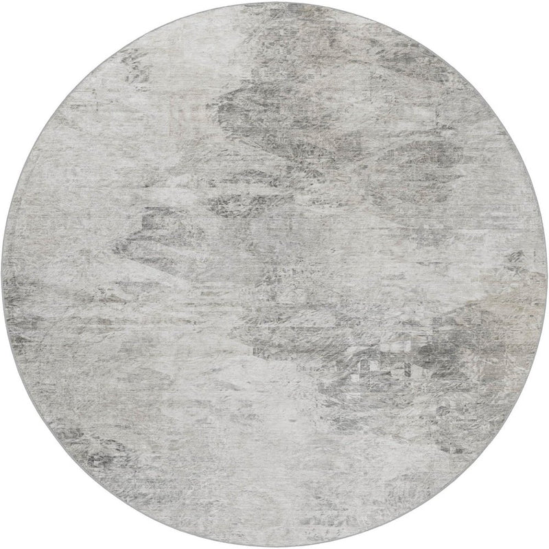 8' Silver And Gray Abstract Shag Washable Round Rug With UV Protection