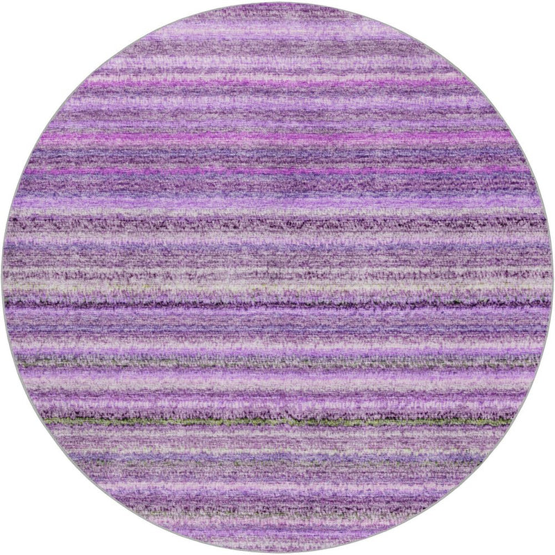 8' Purple And Eggplant Striped Shag Washable Round Rug With UV Protection