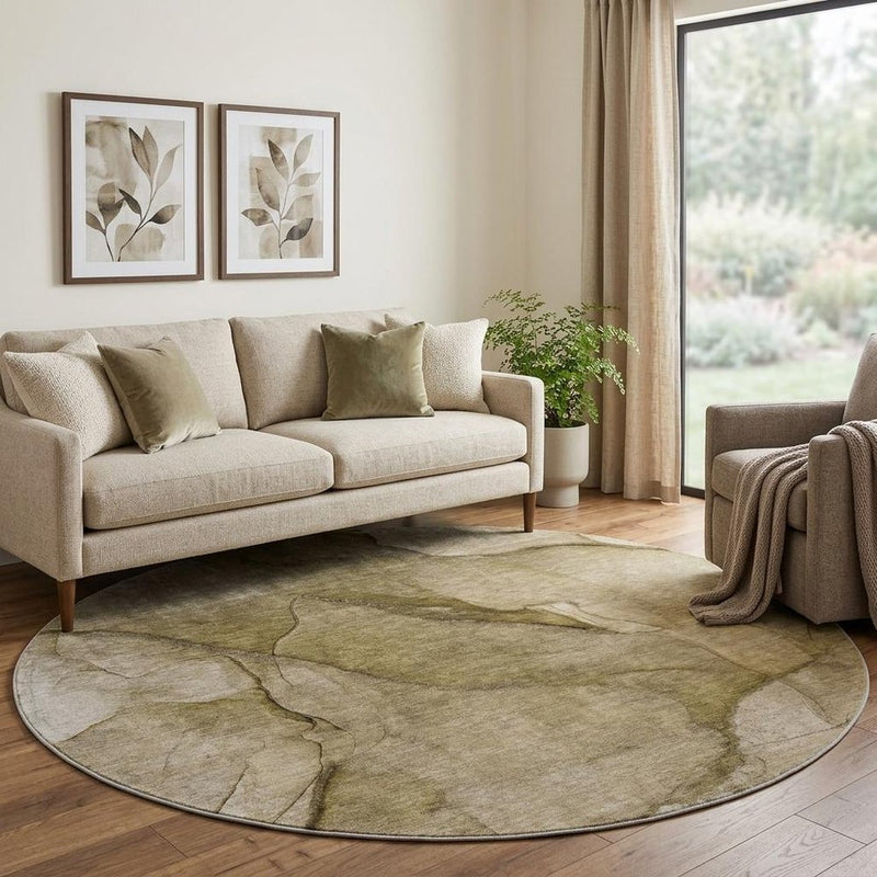 8' Brown And Beige Abstract Shag Washable Round Rug With UV Protection