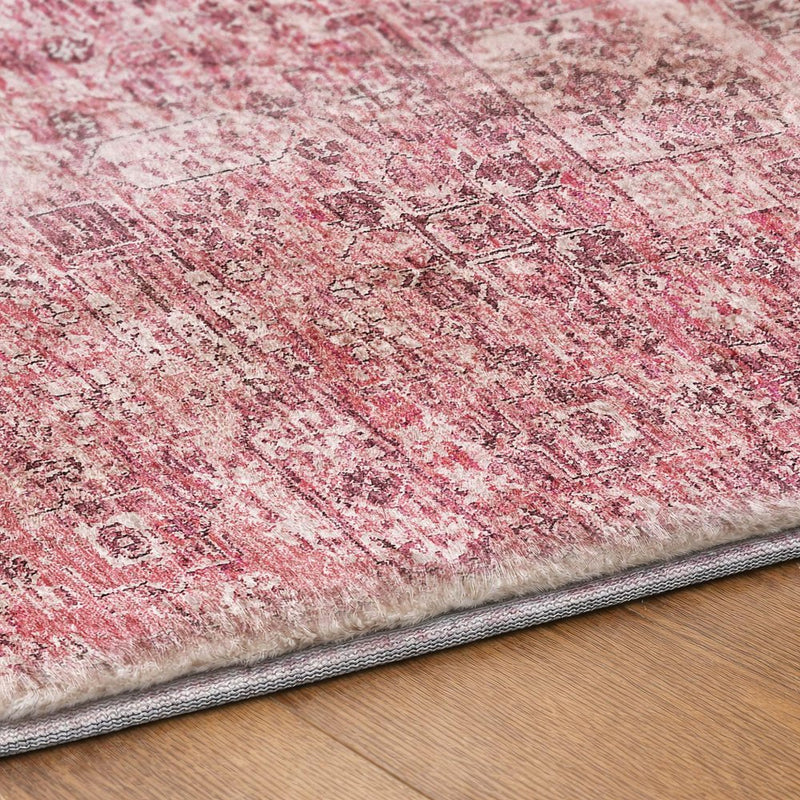 8' Pink And Blush Oriental Shag Washable Round Rug With UV Protection