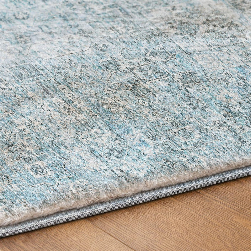 8' Sky Blue And Blue Oriental Shag Washable Round Rug With UV Protection