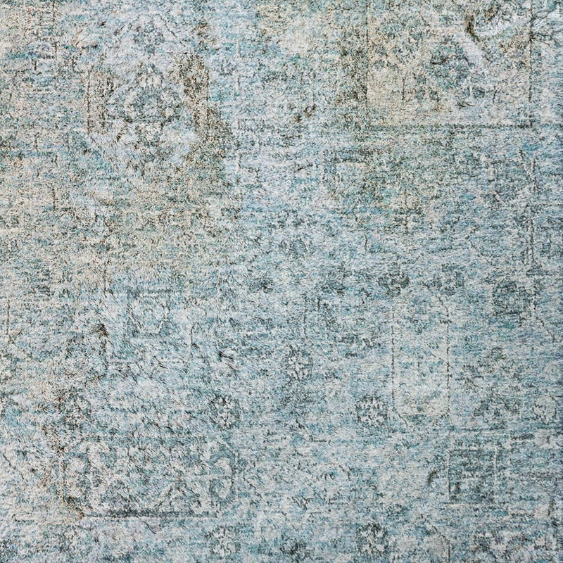 8' Sky Blue And Blue Oriental Shag Washable Round Rug With UV Protection