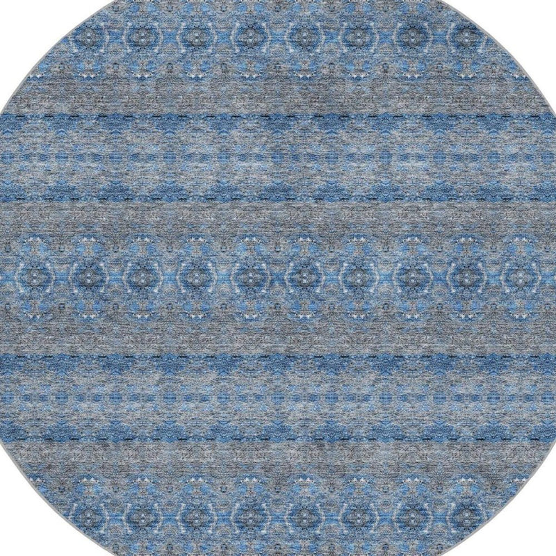 8' Navy Blue And Blue Floral Shag Washable Round Rug With UV Protection