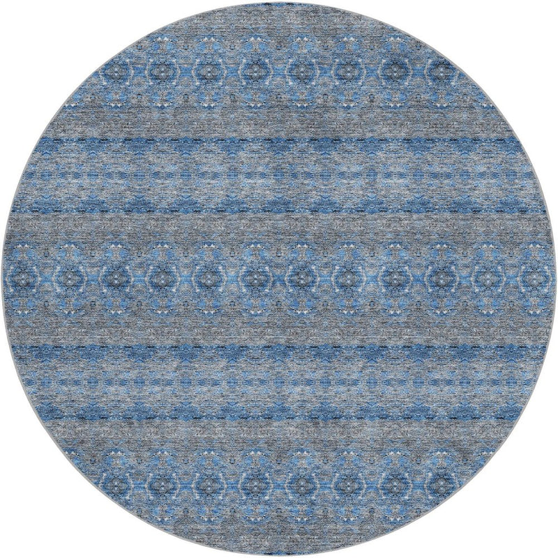 8' Navy Blue And Blue Floral Shag Washable Round Rug With UV Protection
