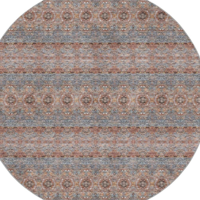 8' Orange And Copper Floral Shag Washable Round Rug With UV Protection