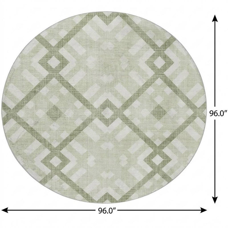 8' Green And Olive Green Geometric Shag Washable Round Rug With UV Protection