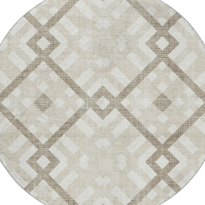 8' Beige And Tan Geometric Shag Washable Round Rug With UV Protection