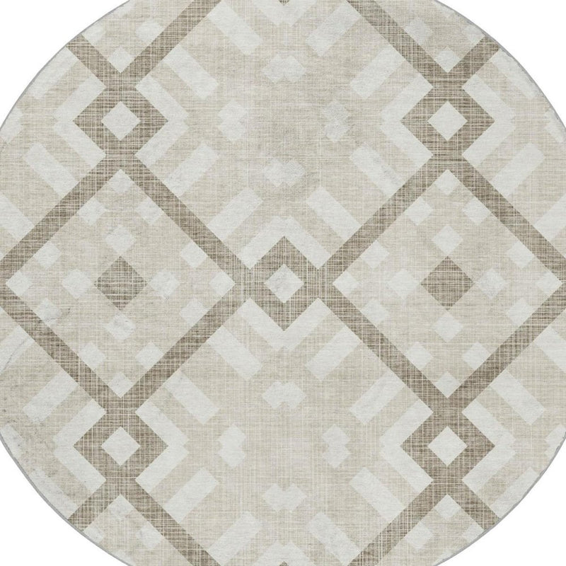 8' Beige And Tan Geometric Shag Washable Round Rug With UV Protection
