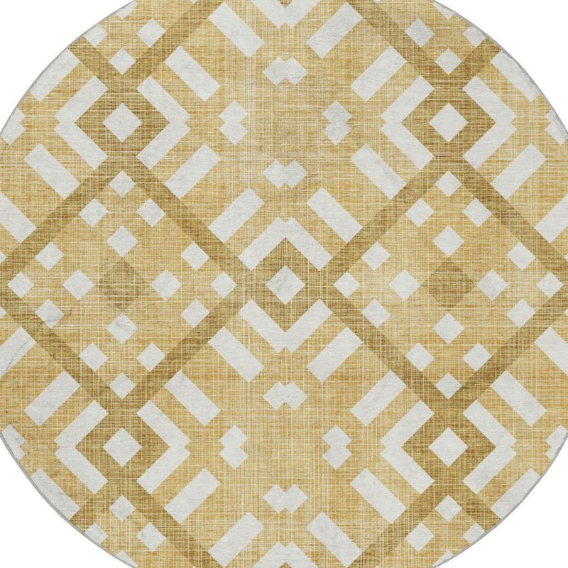 8' Gold And Beige Geometric Shag Washable Round Rug With UV Protection