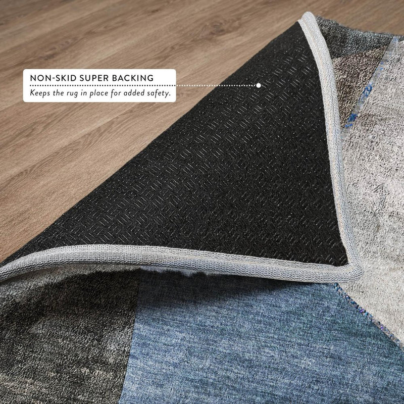 5' X 8' Blue And Denim Blue Abstract Shag Washable Area Rug With UV Protection