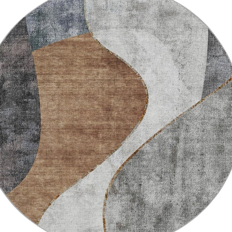 8' Gray And Charcoal Abstract Shag Washable Round Rug With UV Protection