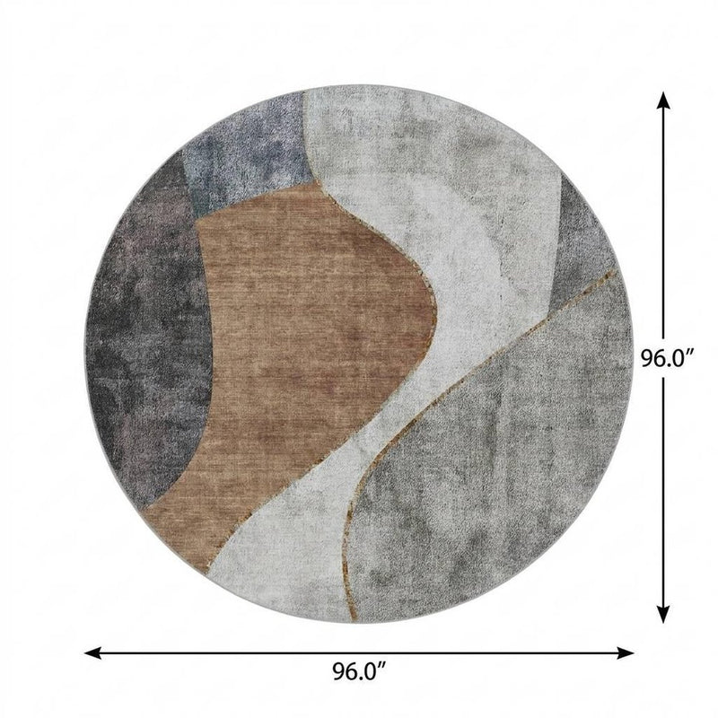 8' Gray And Charcoal Abstract Shag Washable Round Rug With UV Protection
