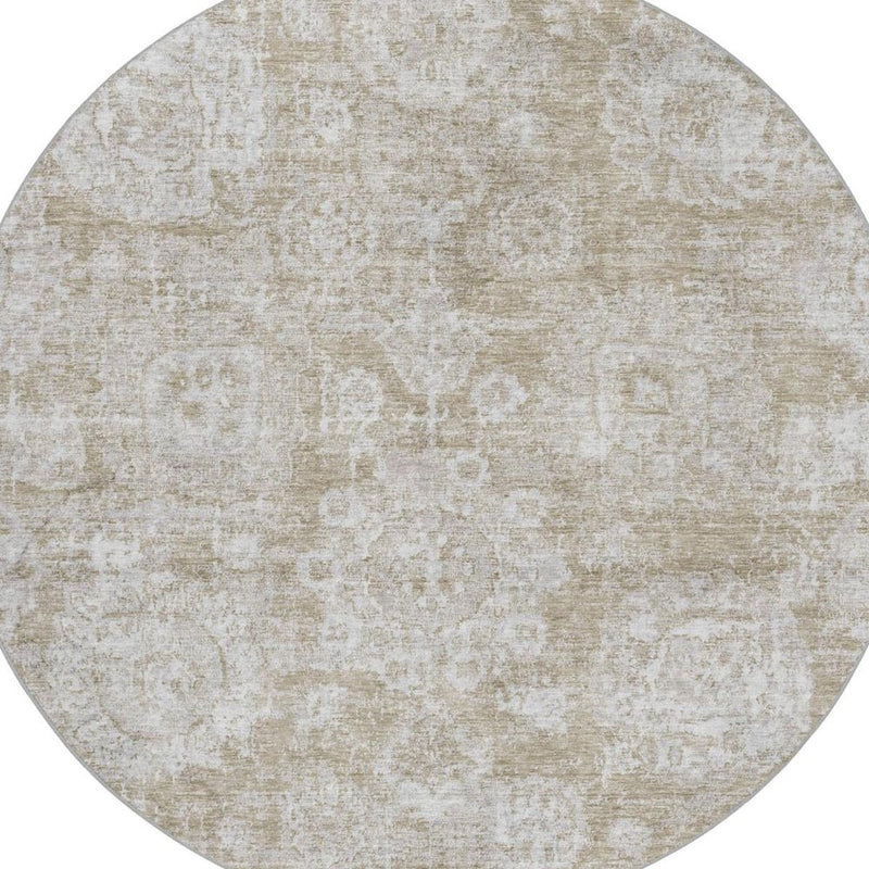8' Beige And Tan Floral Shag Washable Round Rug With UV Protection