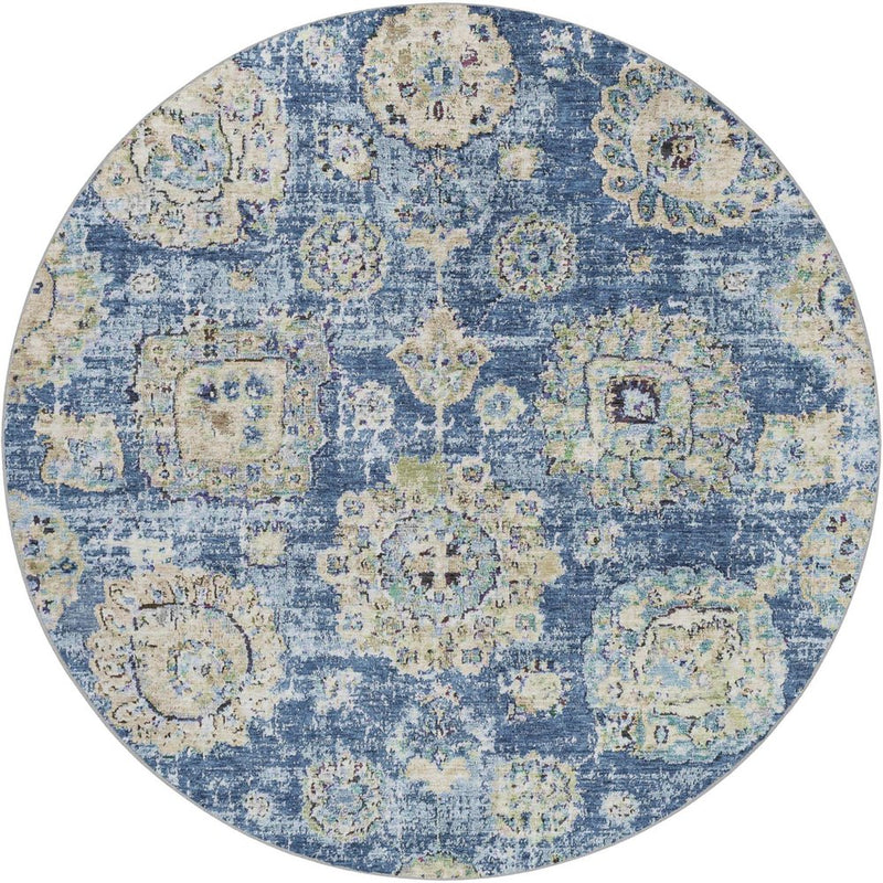 8' Blue And Navy Blue Floral Shag Washable Round Rug With UV Protection