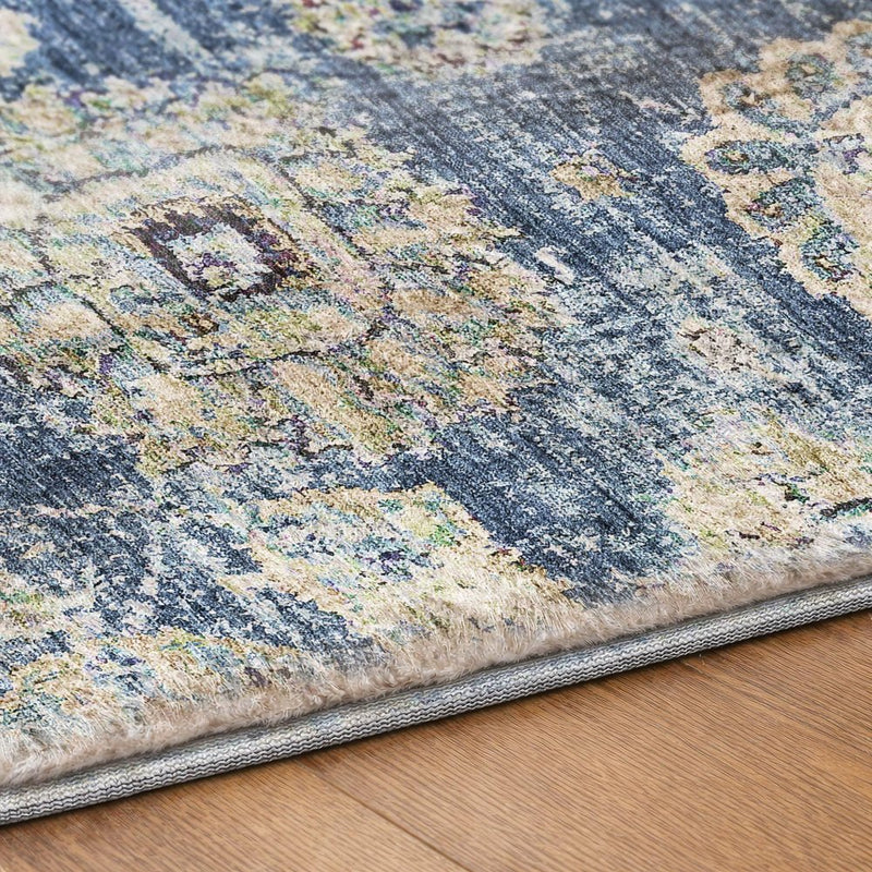 8' Blue And Navy Blue Floral Shag Washable Round Rug With UV Protection