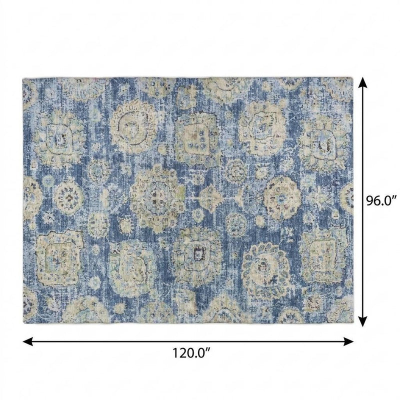 8' X 10' Blue And Navy Blue Floral Shag Washable Area Rug With UV Protection