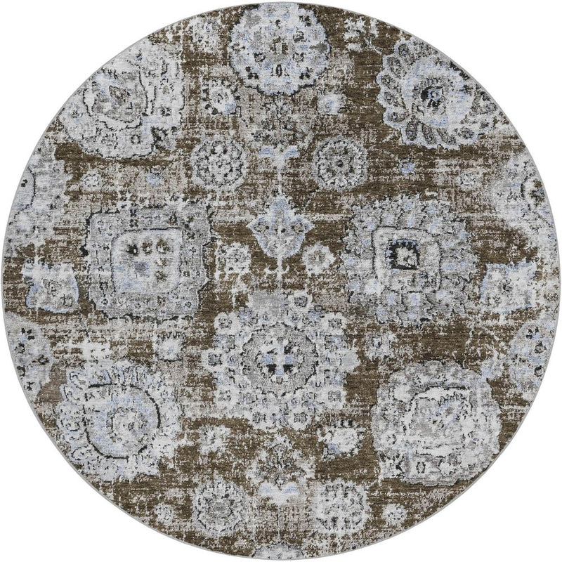 8' Chocolate And Brown Floral Shag Washable Round Rug With UV Protection