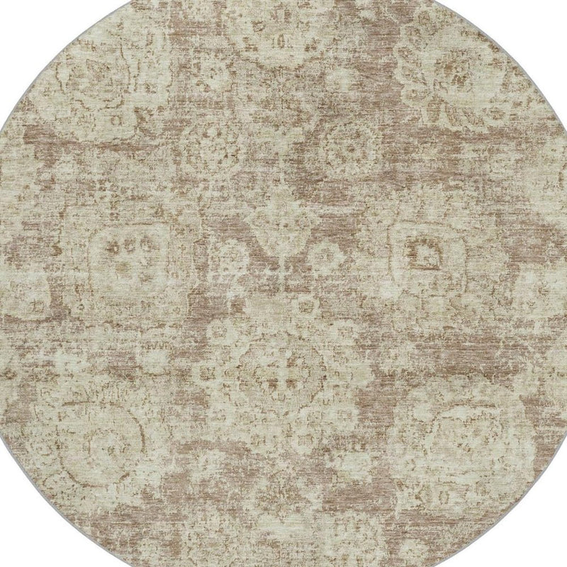 8' Brown And Tan Floral Shag Washable Round Rug With UV Protection
