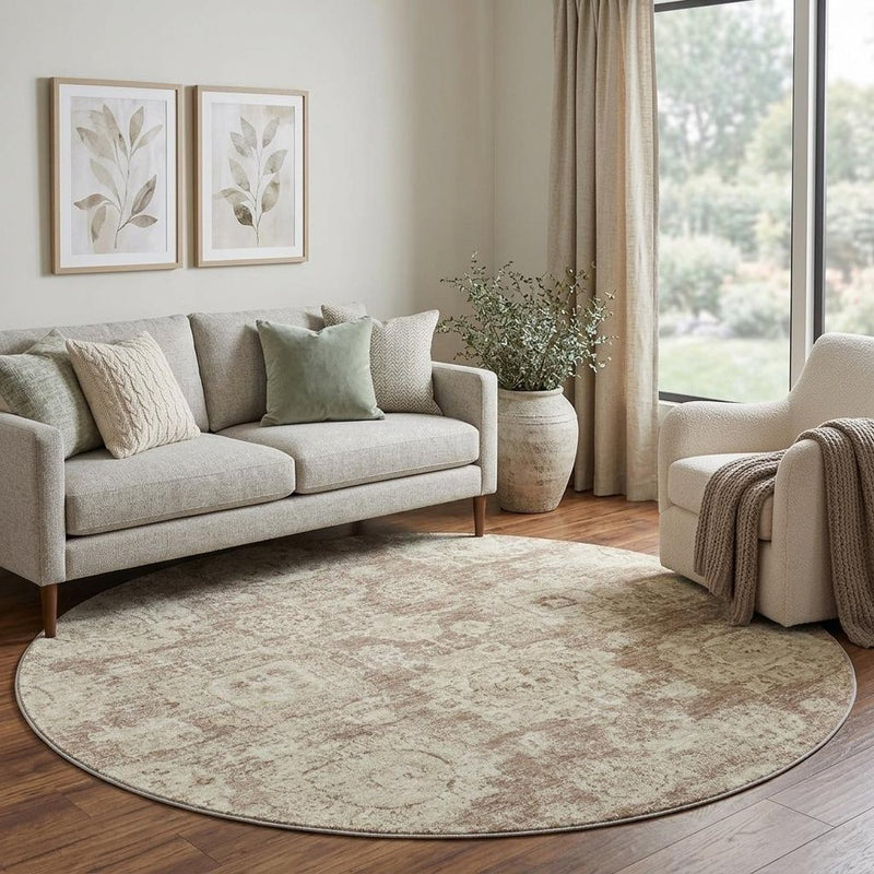 8' Brown And Tan Floral Shag Washable Round Rug With UV Protection
