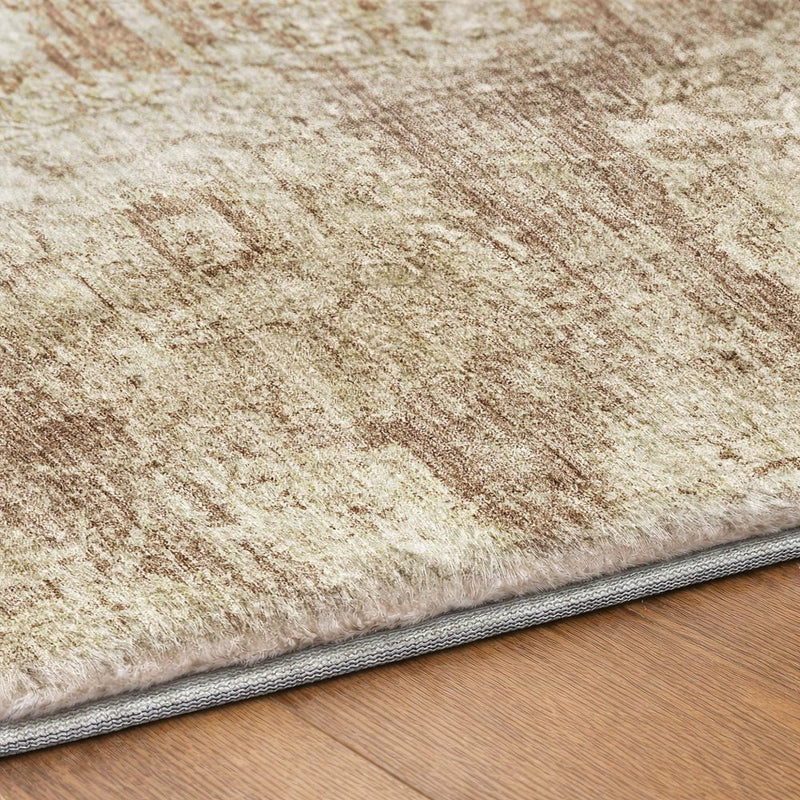 8' Brown And Tan Floral Shag Washable Round Rug With UV Protection