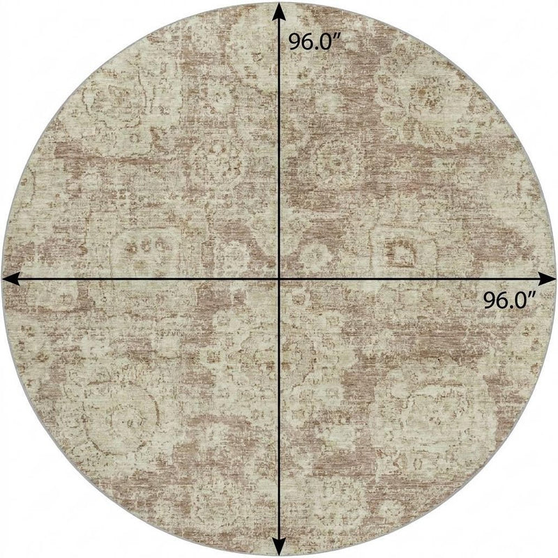 8' Brown And Tan Floral Shag Washable Round Rug With UV Protection