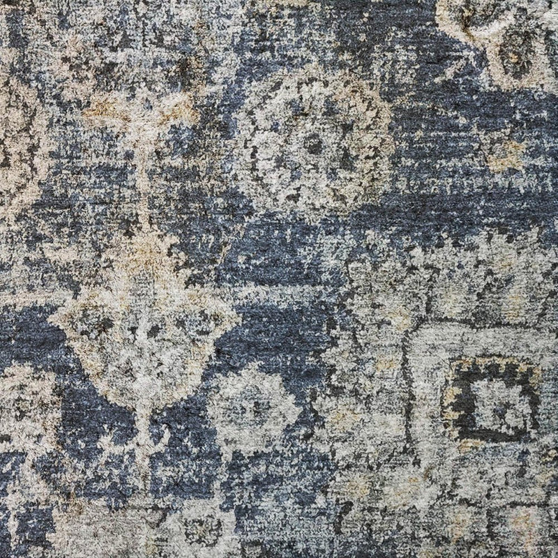 8' Navy Blue And Blue Floral Shag Washable Round Rug With UV Protection