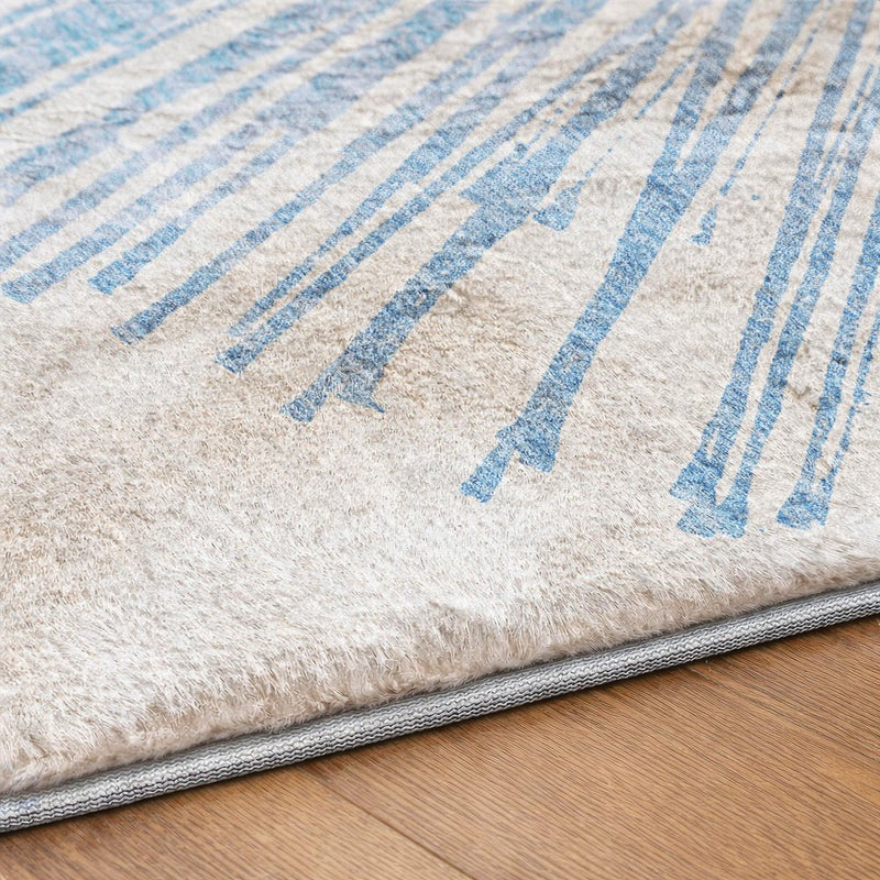 9' X 12' Denim Blue And Ivory Abstract Shag Washable Area Rug With UV Protection