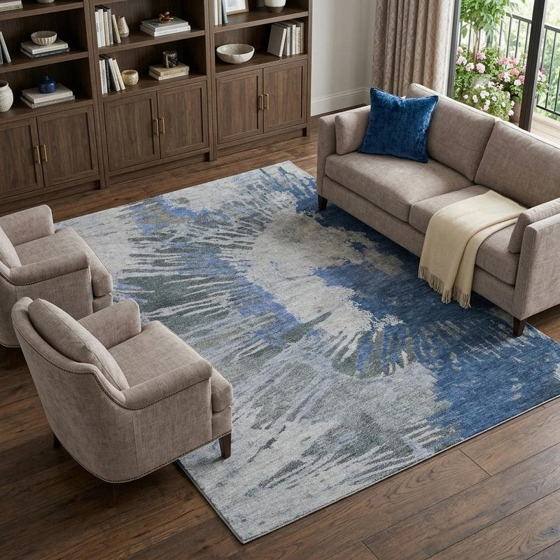 8' X 10' Blue And Denim Blue Abstract Shag Washable Area Rug With UV Protection