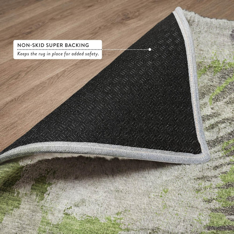 3' X 5' Olive Green And Ivory Abstract Shag Washable Area Rug With UV Protection