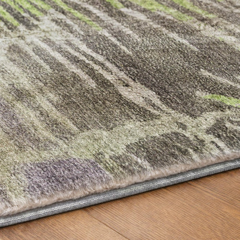 8' Olive Green And Ivory Abstract Shag Washable Round Rug With UV Protection