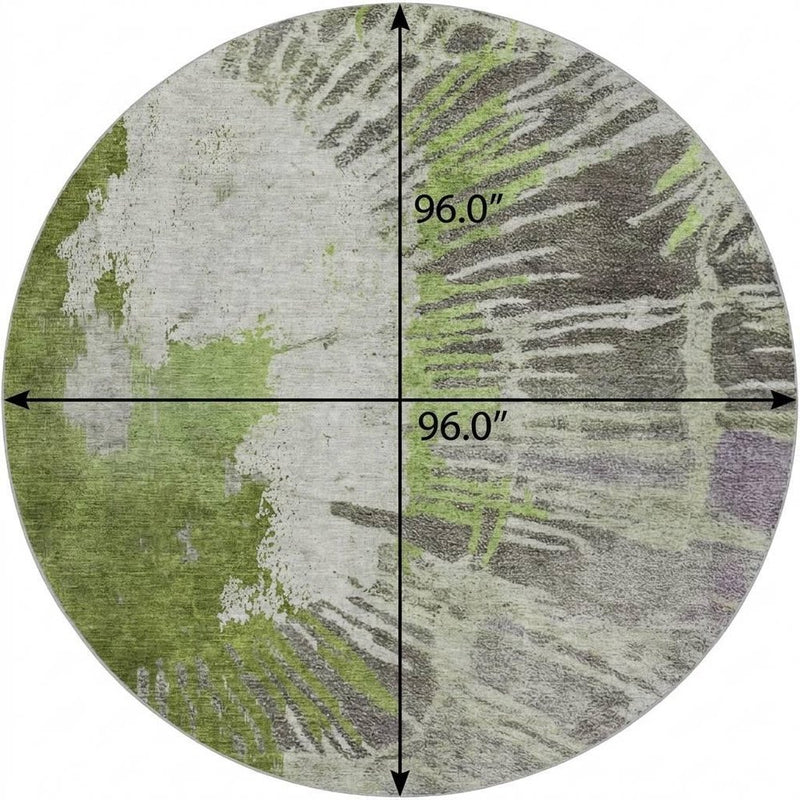 8' Olive Green And Ivory Abstract Shag Washable Round Rug With UV Protection