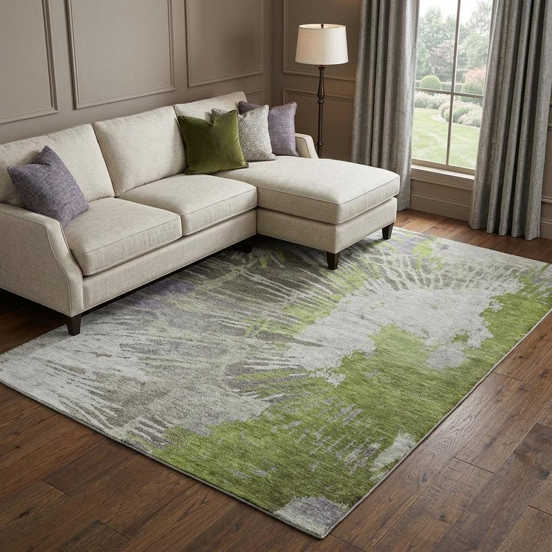 8' X 10' Olive Green And Ivory Abstract Shag Washable Area Rug With UV Protection