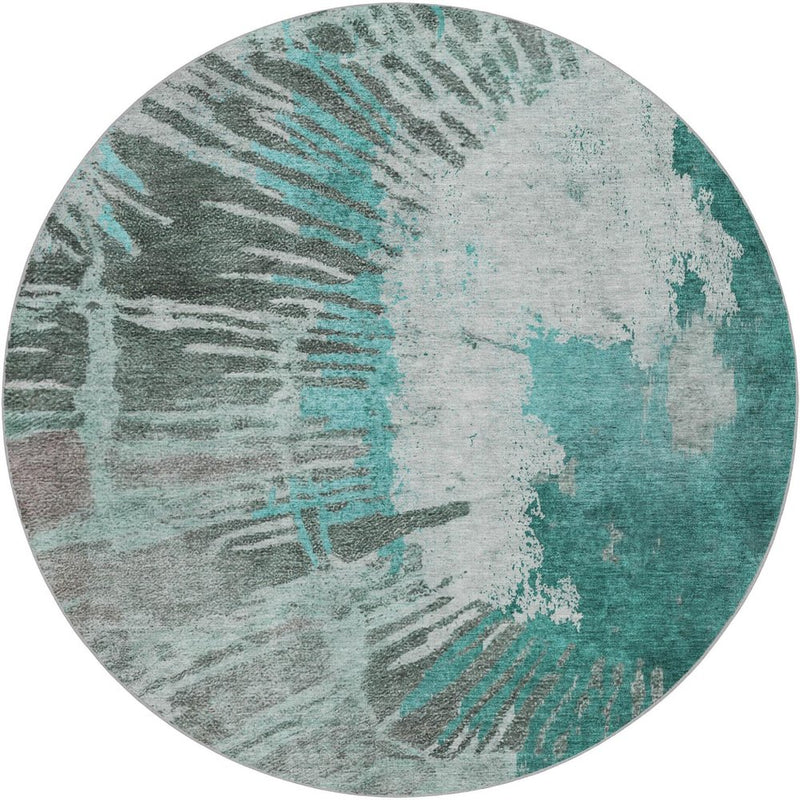 8' Teal And Aqua Abstract Shag Washable Round Rug With UV Protection