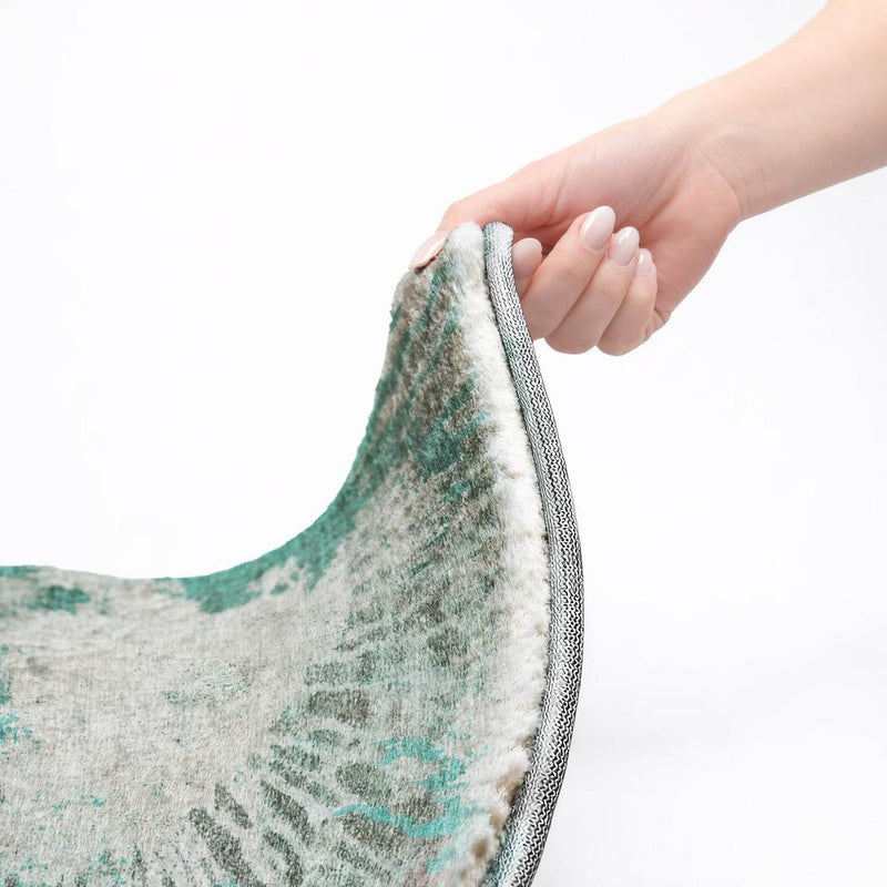 8' Teal And Aqua Abstract Shag Washable Round Rug With UV Protection