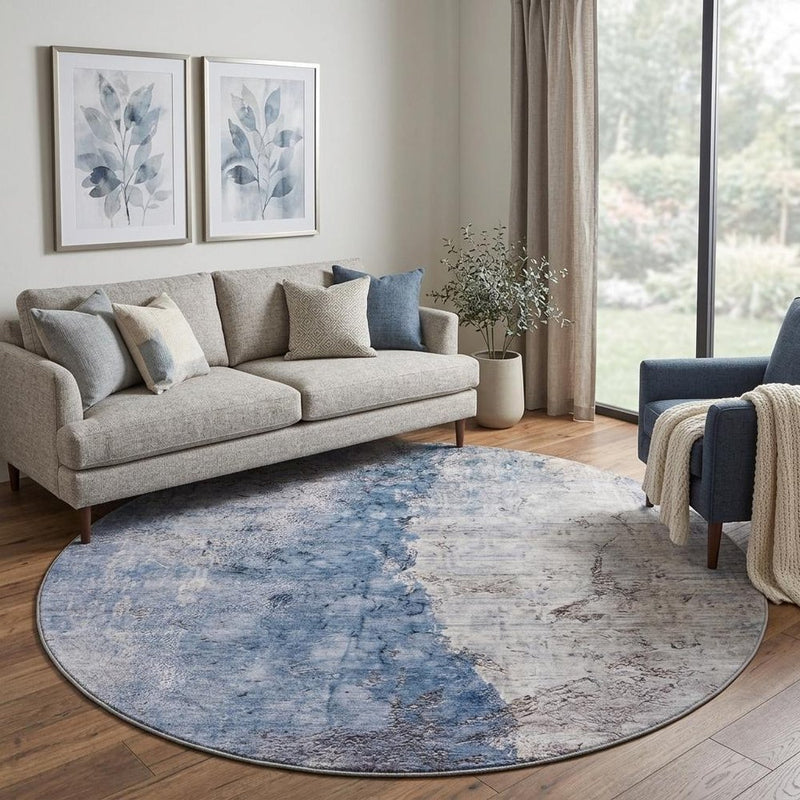 8' Blue And Navy Blue Abstract Shag Washable Round Rug With UV Protection