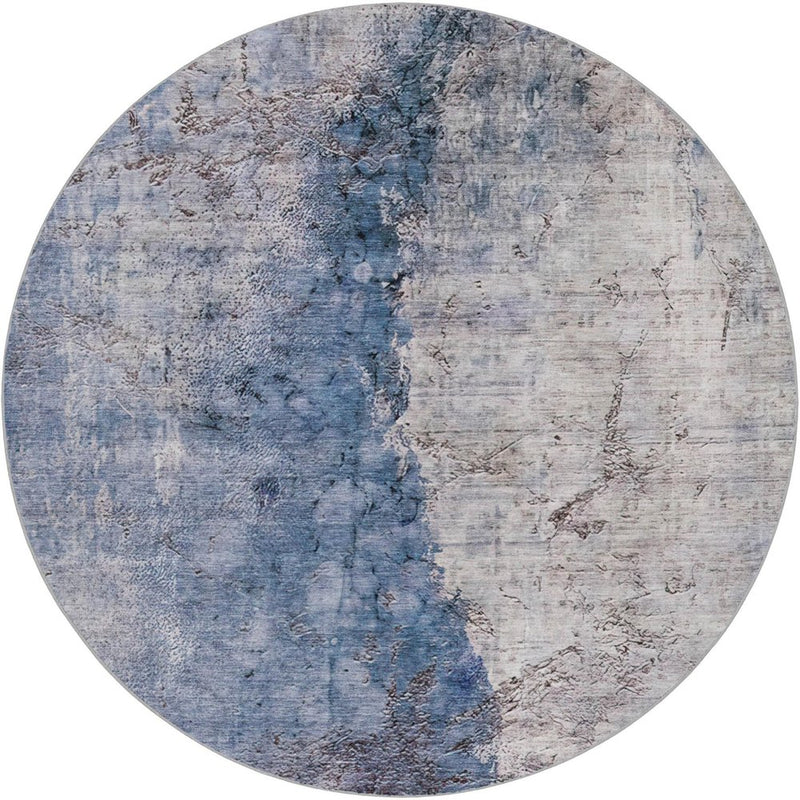 8' Blue And Navy Blue Abstract Shag Washable Round Rug With UV Protection