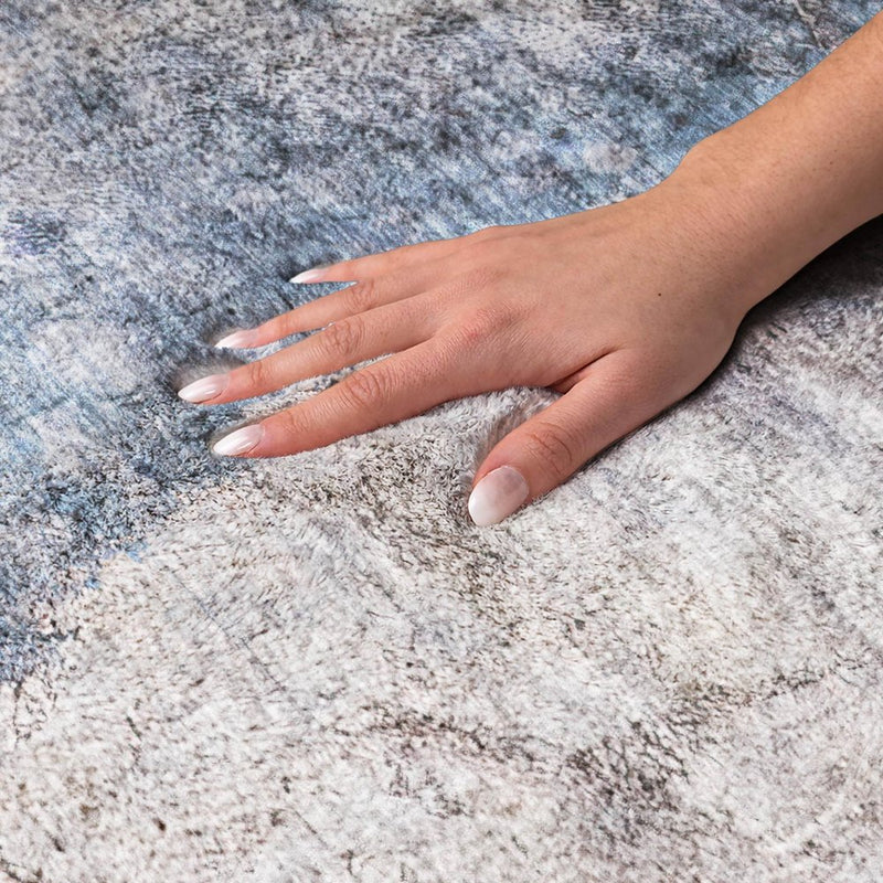 8' Blue And Navy Blue Abstract Shag Washable Round Rug With UV Protection