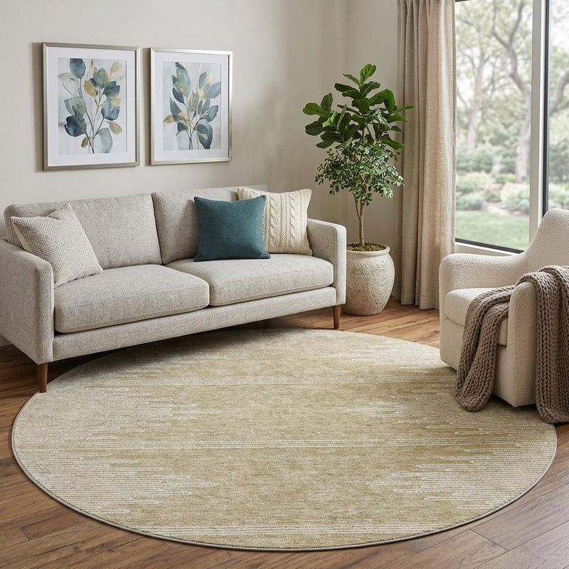 8' Beige And Ivory Abstract Shag Washable Round Rug With UV Protection