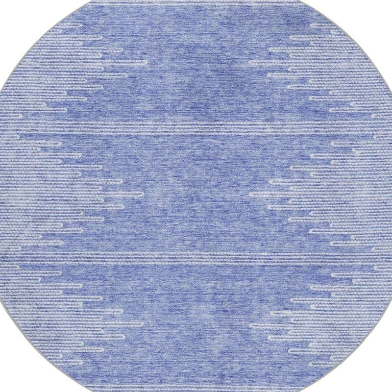 8' Denim Blue And Ivory Abstract Shag Washable Round Rug With UV Protection