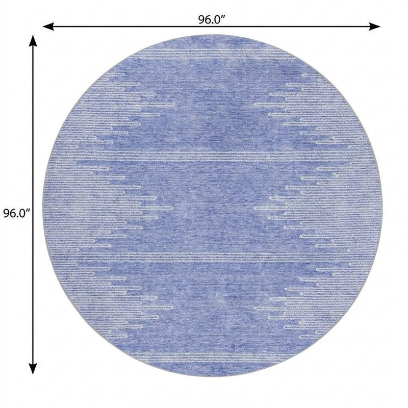 8' Denim Blue And Ivory Abstract Shag Washable Round Rug With UV Protection