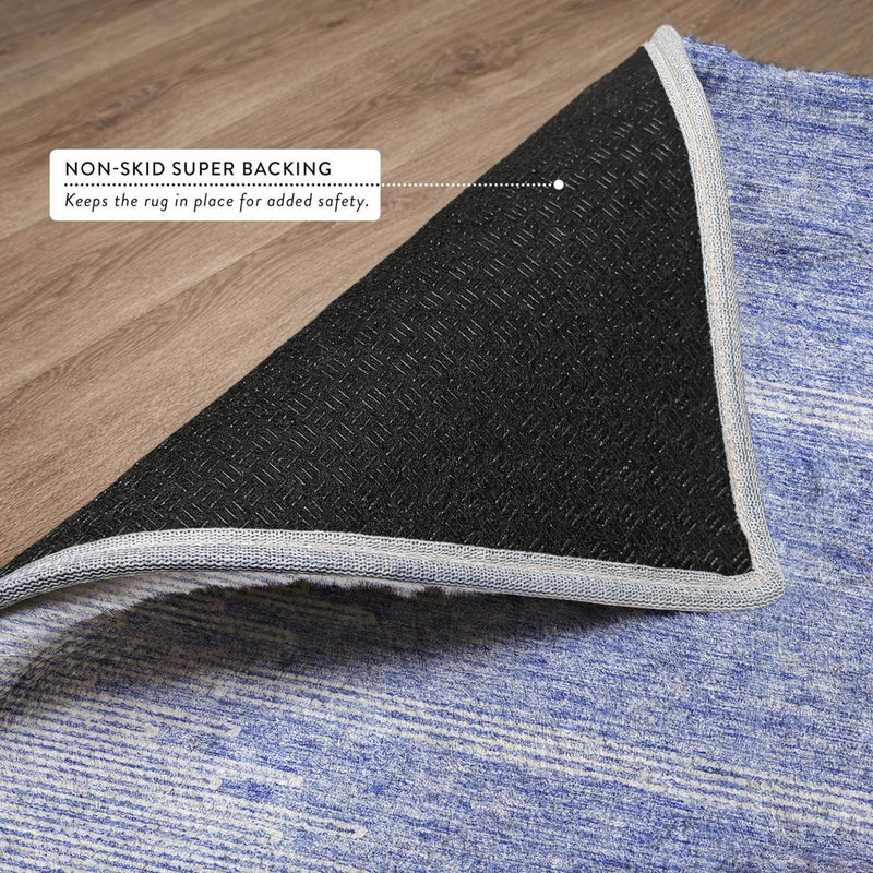 8' X 10' Denim Blue And Ivory Abstract Shag Washable Area Rug With UV Protection