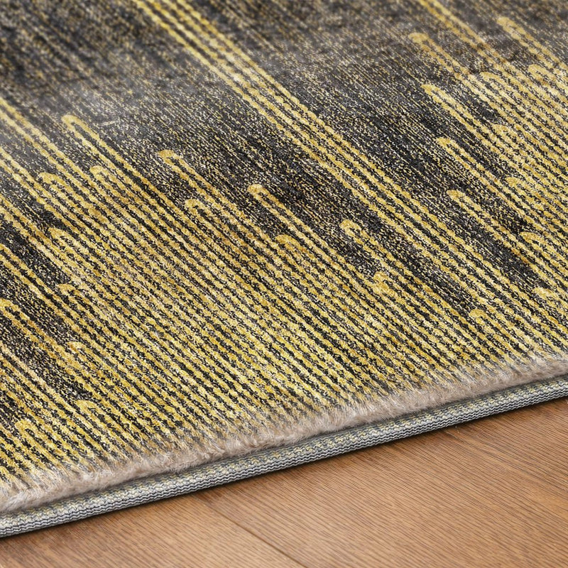 8' Graphite And Gold Abstract Shag Washable Round Rug With UV Protection