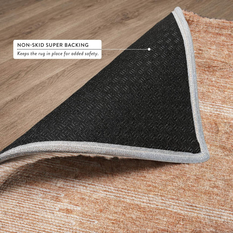 8' Salmon And Ivory Abstract Shag Washable Round Rug With UV Protection