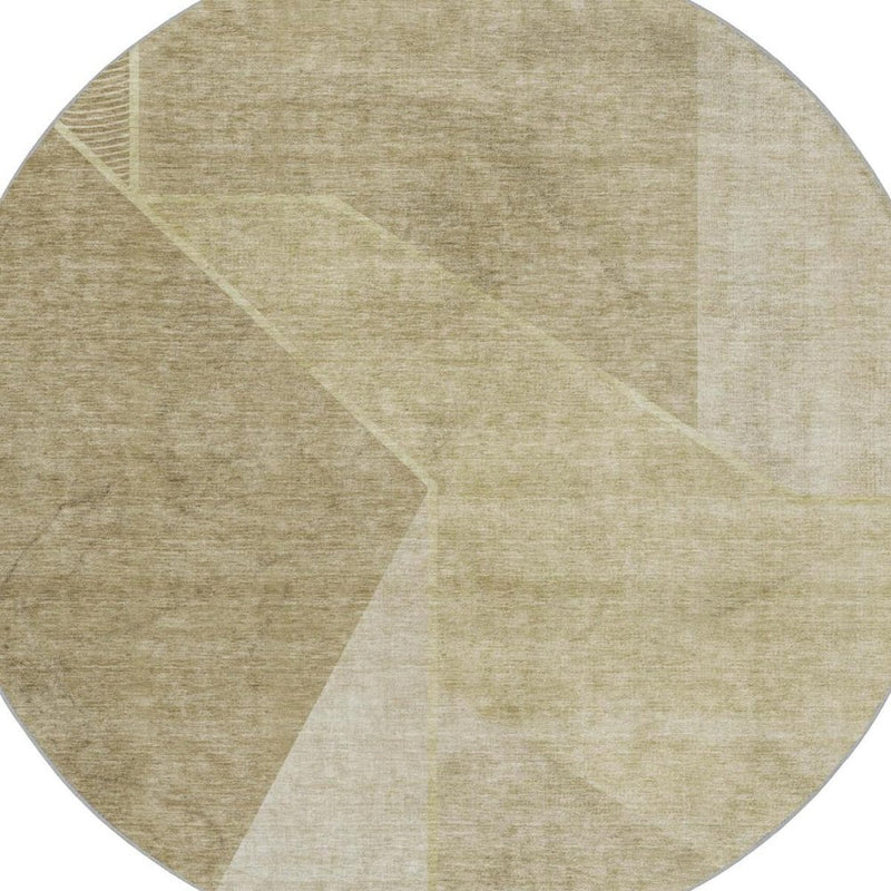 8' Beige And Tan Geometric Shag Washable Round Rug With UV Protection