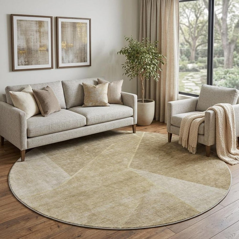 8' Beige And Tan Geometric Shag Washable Round Rug With UV Protection
