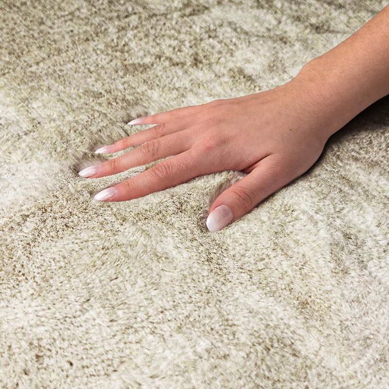 8' Beige And Tan Geometric Shag Washable Round Rug With UV Protection