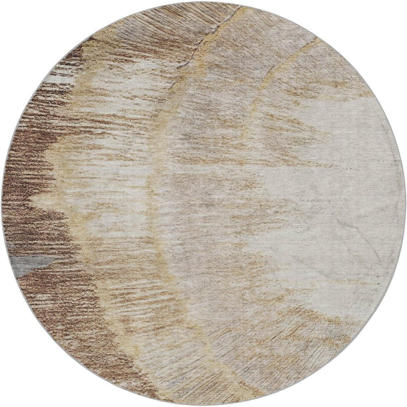 8' Brown And Beige Abstract Shag Washable Round Rug With UV Protection